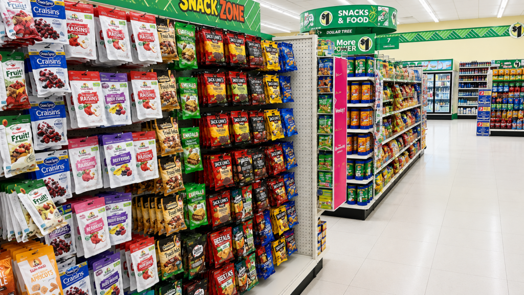 Colorful snack aisle in grocery store