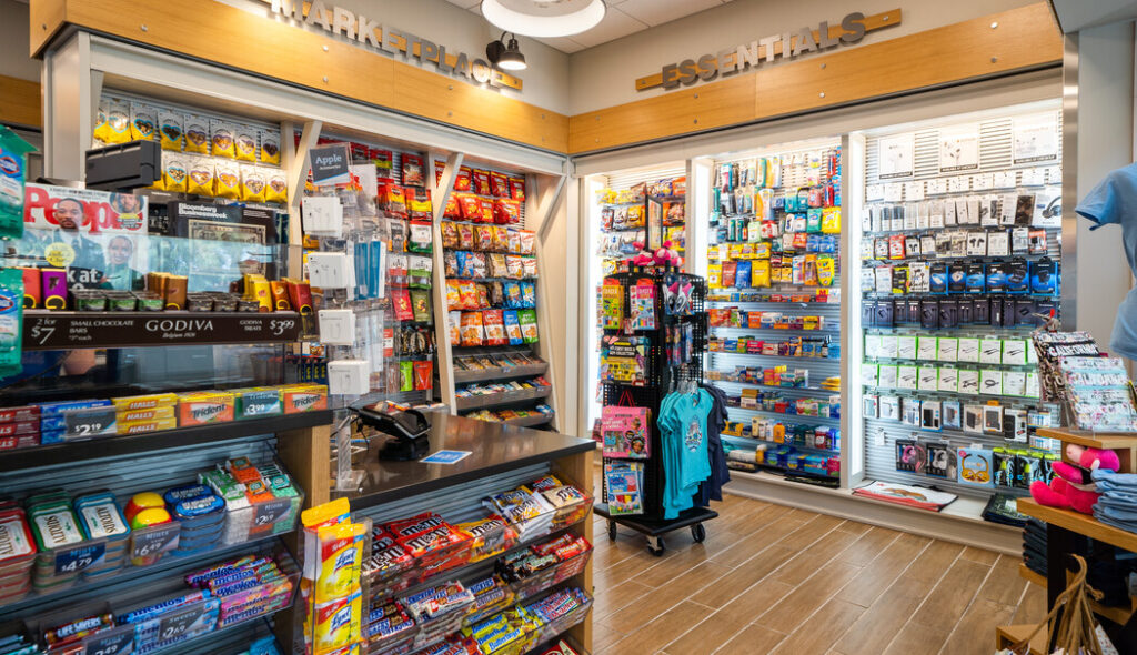 Colorful retail display with various products